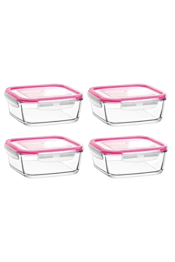 LAV Glass Locked Storage Container Set of 4 Large Size 1150cc Pink Lid