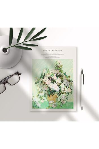 Fark Tanıtım Unlined Notebook Kraft Page A5 with Van Gogh Cover Design (Pink Rose Vase Pattern)