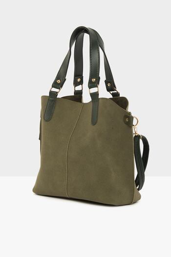 Bagmori Khaki Women's Three-Compartment Nubuck Bag with Snap Fastener Detail M000003554