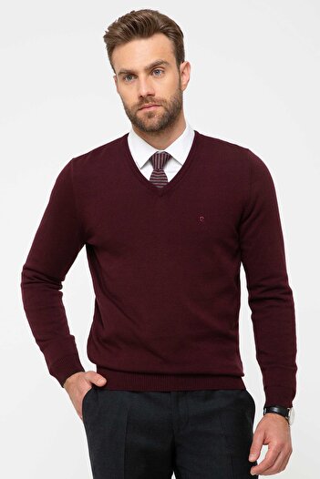 Pierre Cardin Men's Claret Red Slim Fit Basic Knitwear Sweater