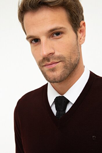 Pierre Cardin Men's Claret Red Slim Fit Basic Knitwear Sweater