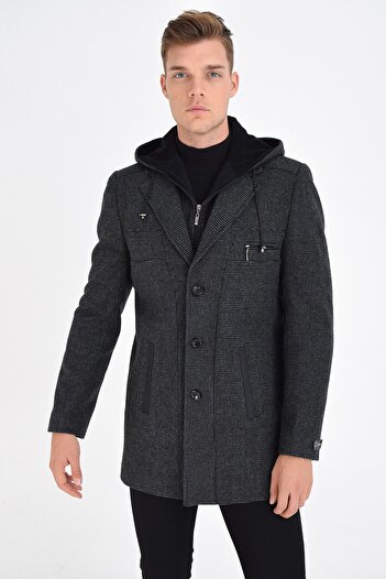 DYNAMO Men's Smoked Wool Blended Patterned Stamp Hooded Zippered Front and Buttoned Coat