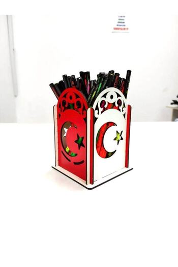 Notpa Red and White Wooden Desktop Pen Holder with Moon and Star Pattern Organizer Assembly Product