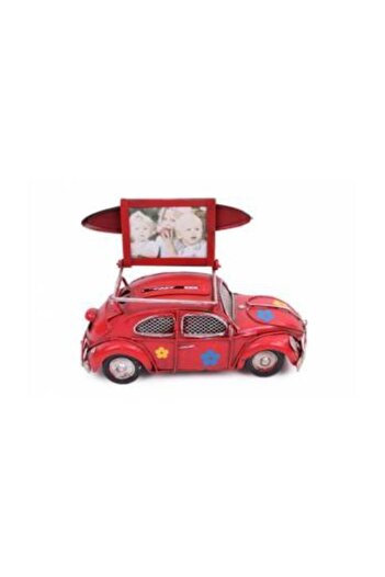 MNK Home Red Floral Vosvos Decorative Metal Car with Frame and Moneybox