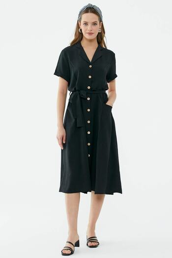 Sementa Midi Length Crepe Shirt Dress - Black