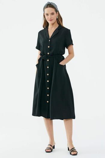 Sementa Midi Length Crepe Shirt Dress - Black