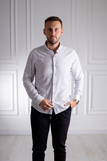 Sarar İnterview Sarar Goias Slim Fit Koyu Gri Beyaz Çizgili Keten Gömlek