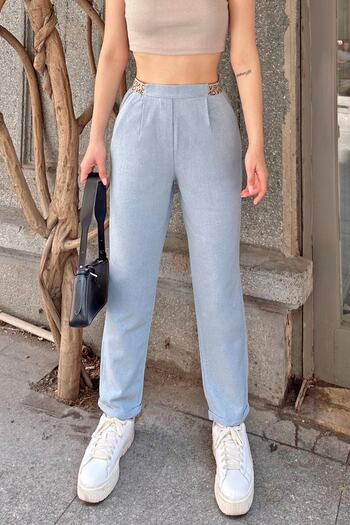 Swist Blue Mind Patterned Elastic Women's Linen Trousers