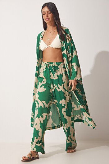 Happiness İstanbul Γυναικείο σετ παντελονιών Viscose Kimono Palazzo με πράσινο μπεζ σχέδιο CI00086
