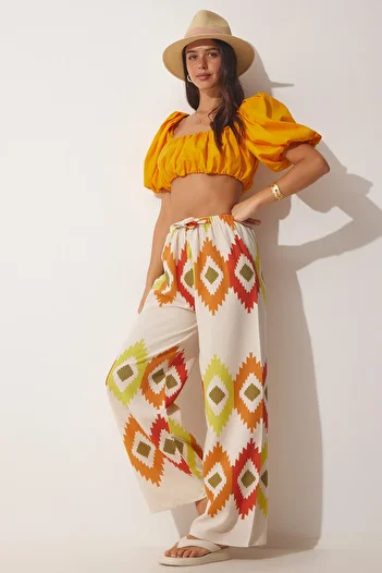 Happiness İstanbul Women's Yellow Cream Floral Linen Palazzo Trousers BH00385