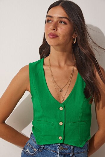 Happiness İstanbul Women's Green V-Neck Linen Vest HF00436