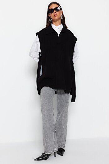 Trendyol Modest Black Side Tie Detailed Polo Neck Knitwear Sweater TCTAW24UV00028