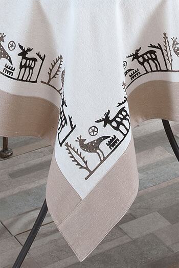 ÖDEL HOME Buldan Fabric Bordered Stone Printed Ethnic Patterned Tablecloth