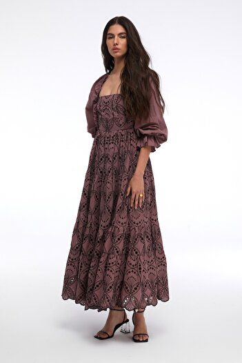 By Mare Style Pure Cotton Long Plum Color Patterned Guipure Dress