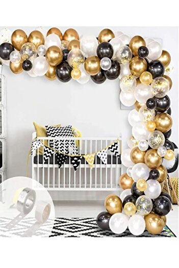 Parti dolabı Black White Gold Chrome Confetti Balloon Chain Set