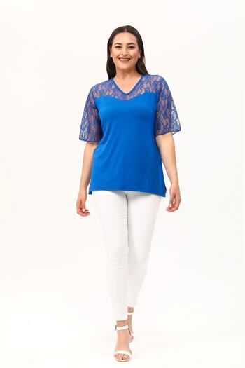 MJORA Blue Sweetheart Neckline Plus Size Lace Blouse
