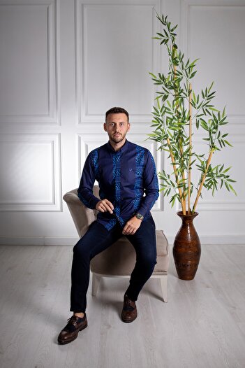 Sarar Інтерв'ю Sarar Goias Slim Fit Сорочка з листяним візерунком, синя