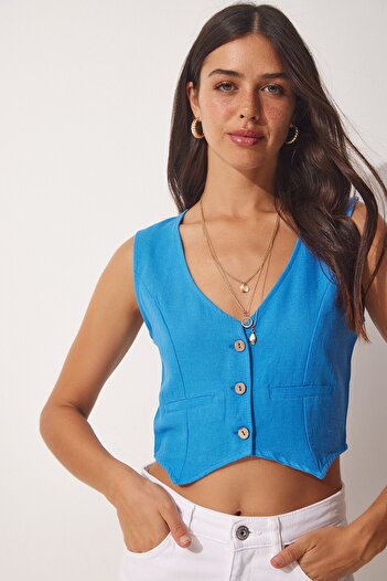 Happiness İstanbul Women's Blue V-Neck Linen Vest HF00436