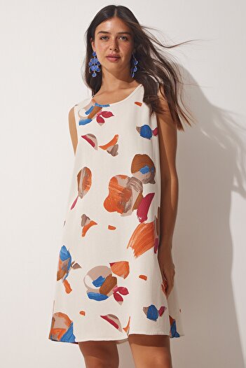 Happiness İstanbul Rochie mini din viscoză de in, bej cărămidă, cu model BH00343