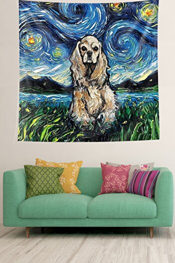 on the clouds Van Gogh Cute Dog in Starry Nights Stain Resistant Fabric Wall Cloth Wall Carpet Tapestry