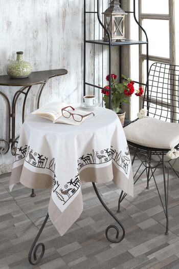 ÖDEL HOME Buldan Fabric Bordered Stone Printed Ethnic Patterned Tablecloth