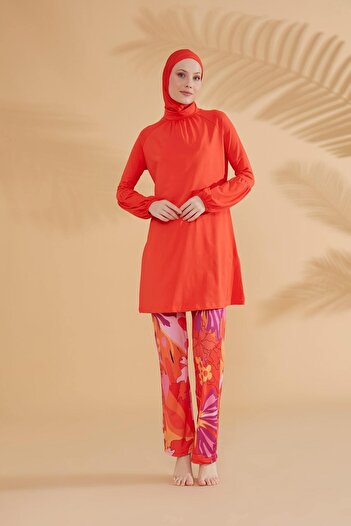 Marina Floral Orange Fully Covered Hijab Swimsuit M2317