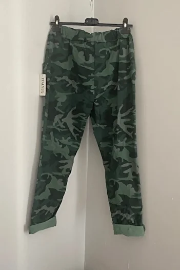 AYASOFYA OTANTIK Women's Dark Green Italian Tie Waist Camouflage Patterned Skinny Leg Skinny Trousers