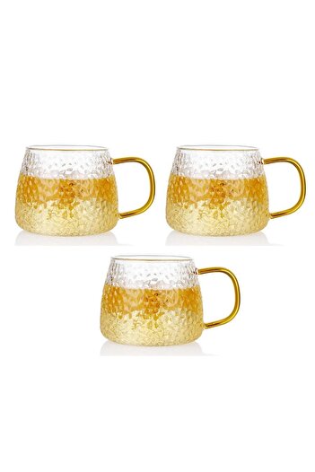 Kitchen Design Lab Yeni Tasarım Ezme Dövülmüş Desen Kupa Sarı Kulplu 350 ml Cam Fincan 3 Adet