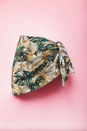 pistore Large Yellow Green Monstera Patterned Short Pareo Satin No Sheer Women's Beach Dress New Season