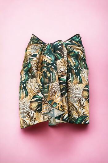 pistore Large Yellow Green Monstera Patterned Short Pareo Satin No Sheer Women's Beach Dress New Season