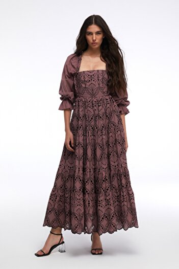 By Mare Style Pure Cotton Long Plum Color Patterned Guipure Dress