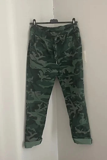 AYASOFYA OTANTIK Women's Dark Green Italian Tie Waist Camouflage Patterned Skinny Leg Skinny Trousers