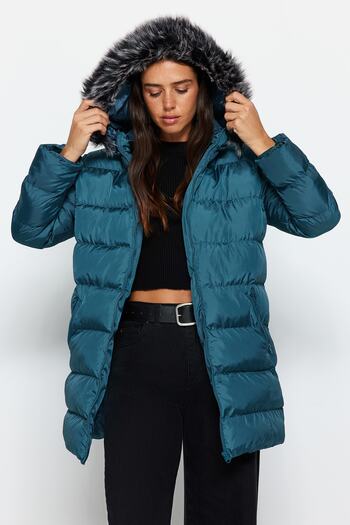 Trendyol Collection Water Repellent Fur Detailed Hooded Puffer Jacket - Petrol Regular Fit Twoaw24Mo00081