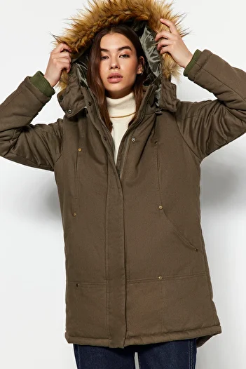Trendyol Collection Khaki Fur Hooded Water Repellent Parka Coat TWOAW24KB00056