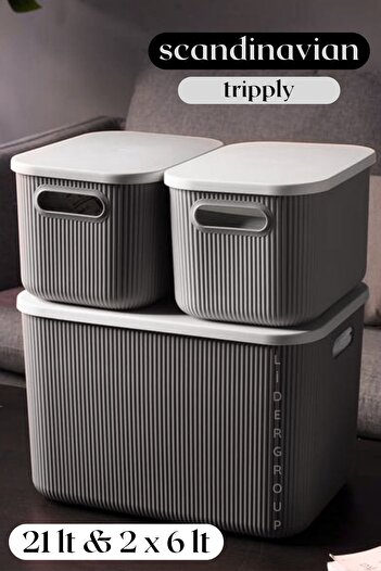 LİGROUND Scandinavian Tripply 3-Piece 6 Lt & 21 Lt Storage Box with Lid - Organizer - Decorative Box