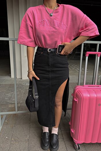 MAKRAS EXCLUSIVE Women's Black Laser Cut Side Deep Slit Long Denim Skirt