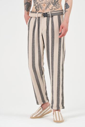 RELAXL Men's Beige Black Belt Buckle Double Leg Pleated Style Trousers