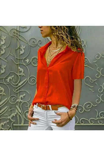 Esinty Women's Red Short Sleeve Woven Viscose Fabric Shirt