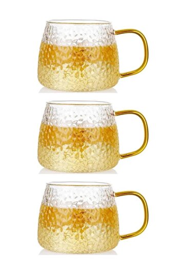 Kitchen Design Lab Yeni Tasarım Ezme Dövülmüş Desen Kupa Sarı Kulplu 350 ml Cam Fincan 3 Adet