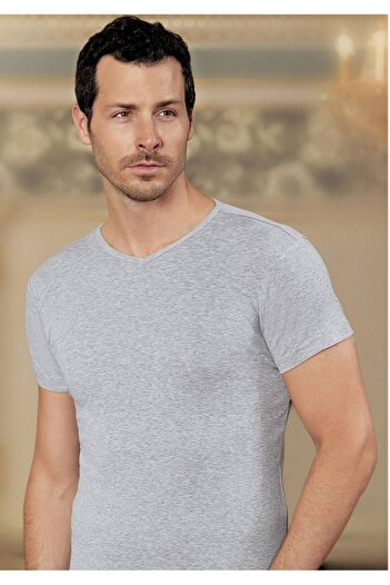 Şahinler Men's Gray Ribbed Athlete V-Neck Undershirt New Season (6 Pieces Economic Package)