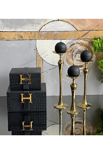 ArzzHome 3 Lü Magic Cam Mumluk & Şamdan Gold Titanyum + Siyah Mum