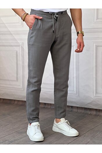 Tarz Cool Men's Gray Musli Lace-up Linen Trousers