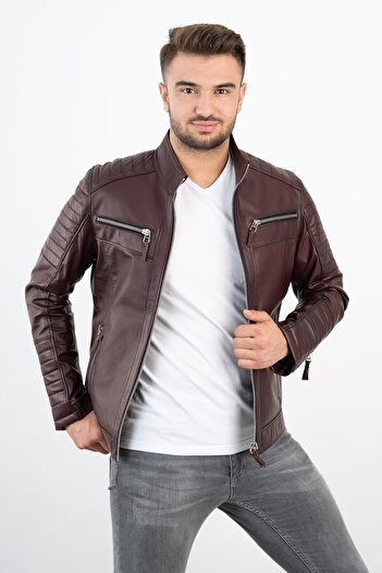 DERİNSS Der109 Genuine Leather Men's Claret Red Coat