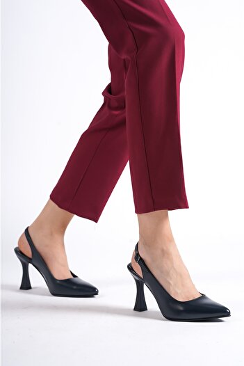 Deripabuc Genuine Leather Navy Blue Women's Heeled Leather Shoes Shn-0824
