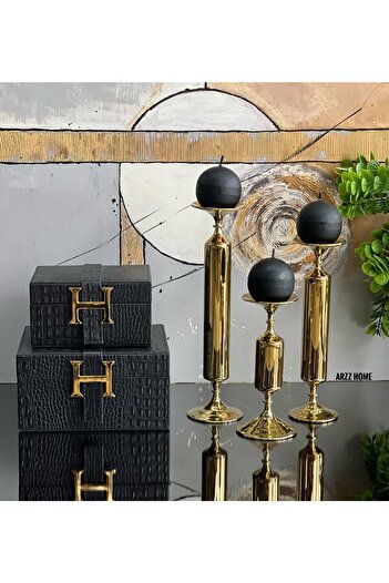 ArzzHome 3 Lü Angel Cam Mumluk & Şamdan Gold Titanyum + Siyah Mum