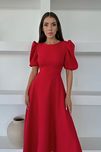 Seda Yalçın Atelier Red Balloon Sleeve Skirt Flared Dress