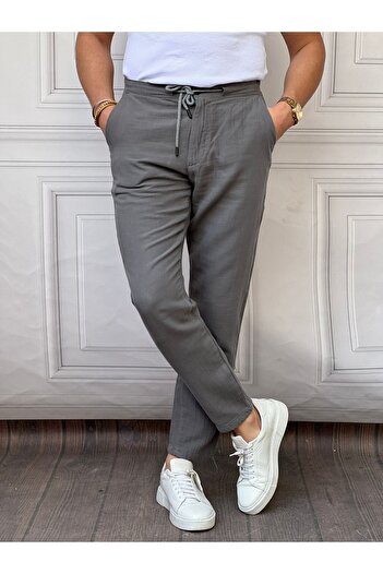 Tarz Cool Men's Gray Musli Lace-up Linen Trousers