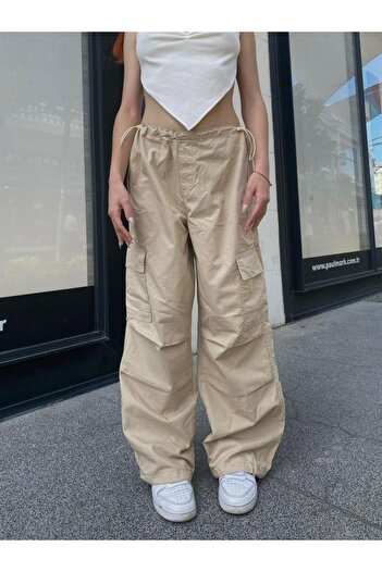 Gofeel Streetwear Baggy Kargo Cepli Beli Lastikli Krem Renk Unisex Salaş Pantolon