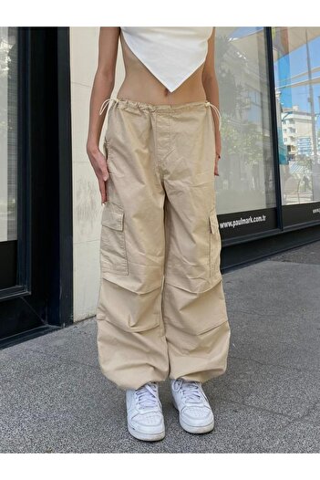 Gofeel Streetwear Baggy Kargo Cepli Beli Lastikli Krem Renk Unisex Salaş Pantolon