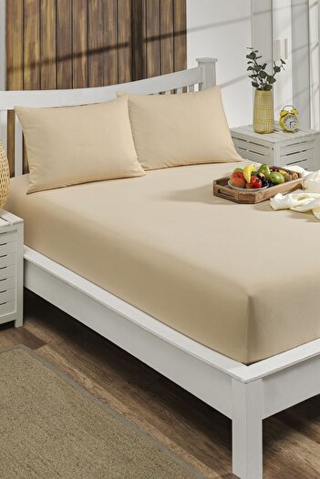 LIV CALISTA 180x200 Elastic Sheet Set Cotton Ranforce Duvet Cover Fabric Oversize 30 Cm Edge Beige